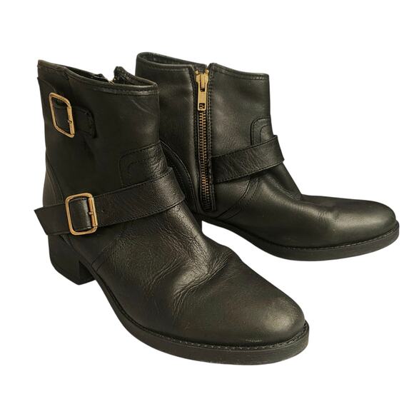 Steve Madden Tarra Black Leather Ankle Boots Women’s 9 Moto Buckle With Side Zip - Picture 1 of 11